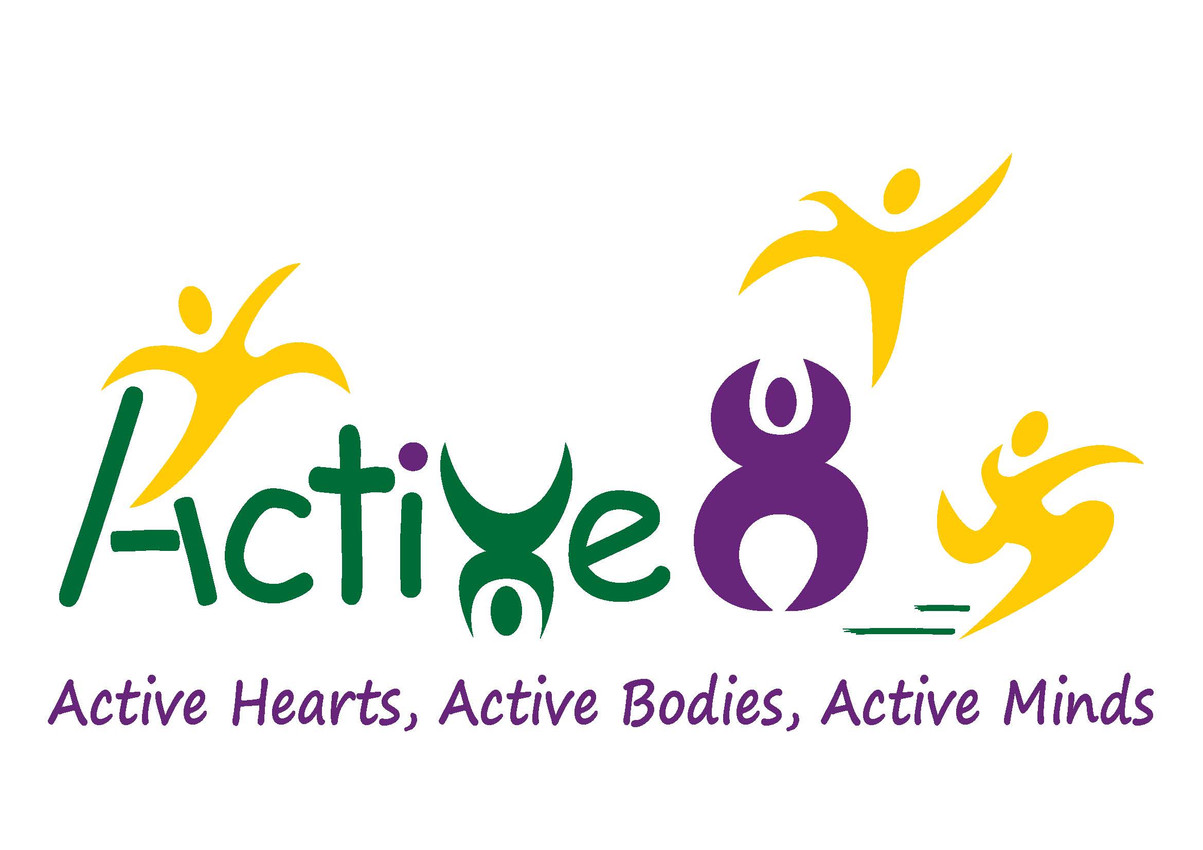 Active8 program logo with the message Active Hearts, Active Bodies, Active Minds, promoting student wellbeing, physical activity and holistic learning